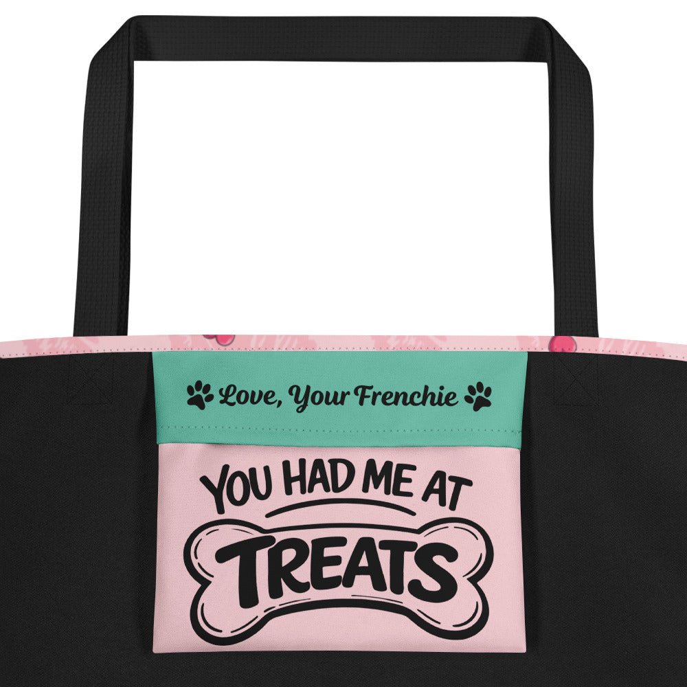 "My Frenchie Is My Valentine" Large Tote Bag with Pocket | Red &amp; White Colored