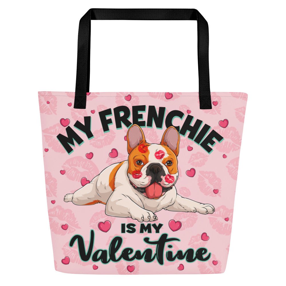 "My Frenchie Is My Valentine" Large Tote Bag with Pocket | Red &amp; White Colored