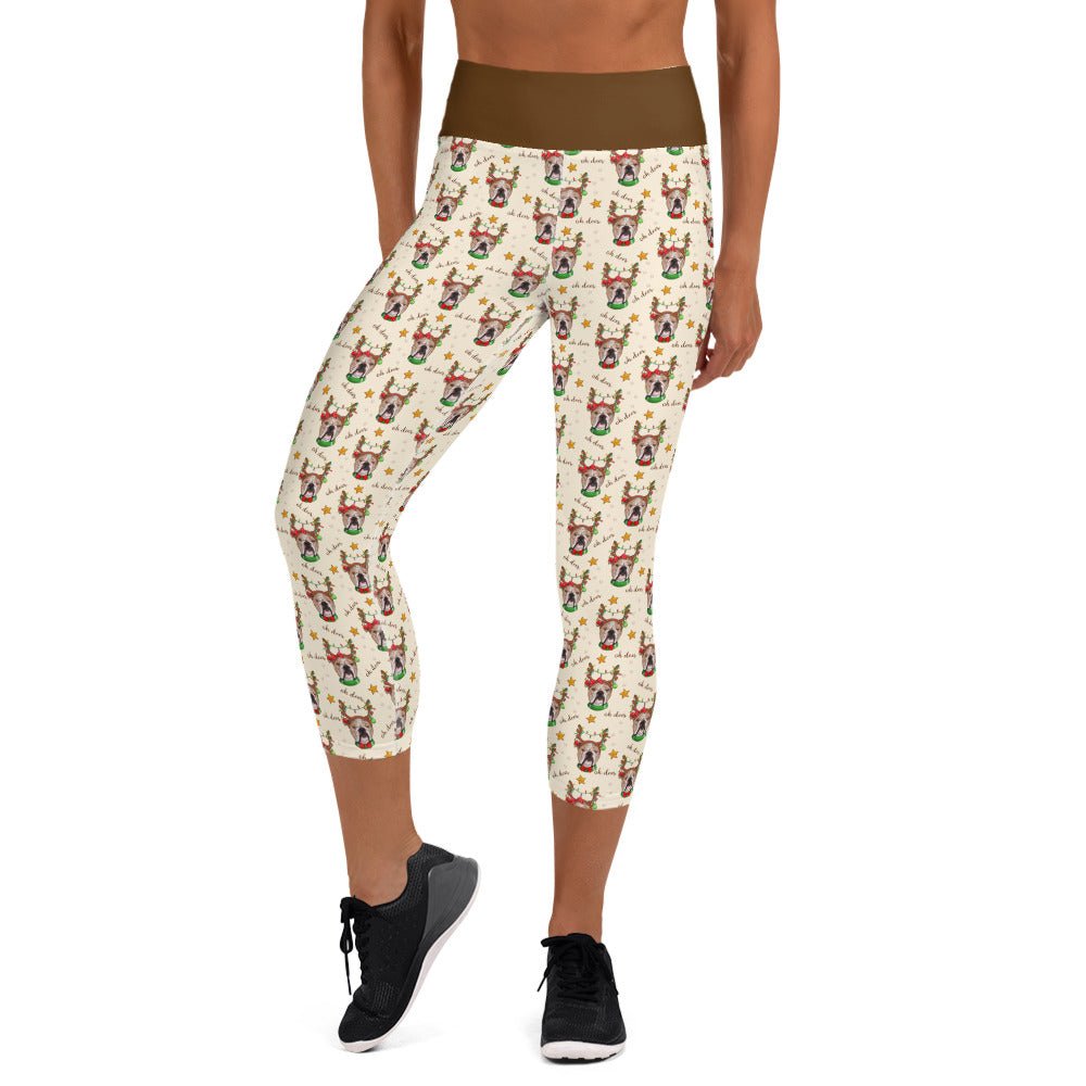 &quot;Oh Deer&quot; Bulldog Reindeer Capri Leggings | Fawn &amp; White Colored