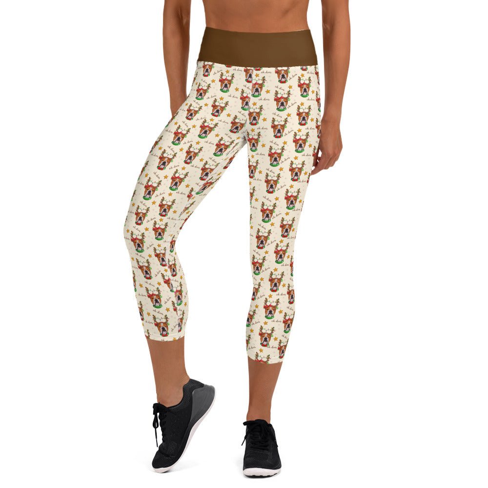 &quot;Oh Deer&quot; Bulldog Reindeer Capri Leggings | Red &amp; White Colored