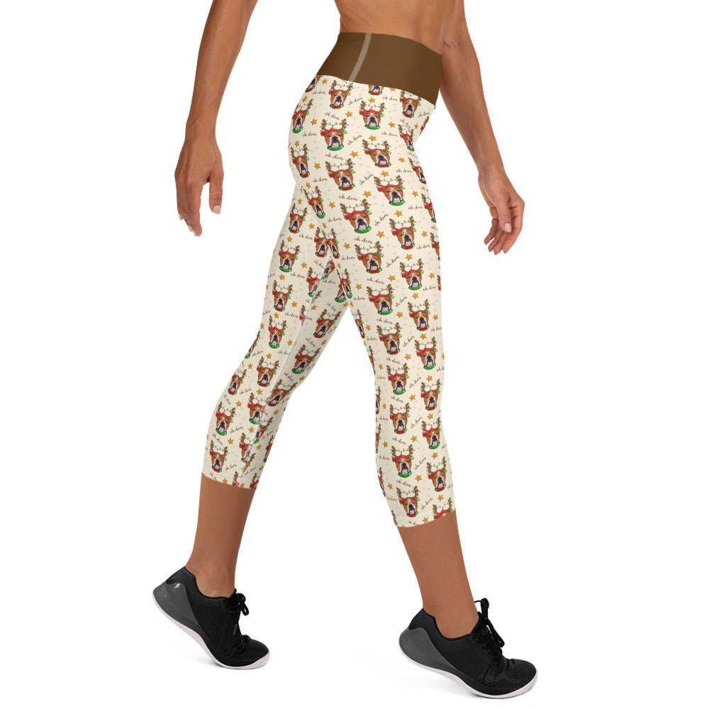 &quot;Oh Deer&quot; Bulldog Reindeer Capri Leggings | Red &amp; White Colored