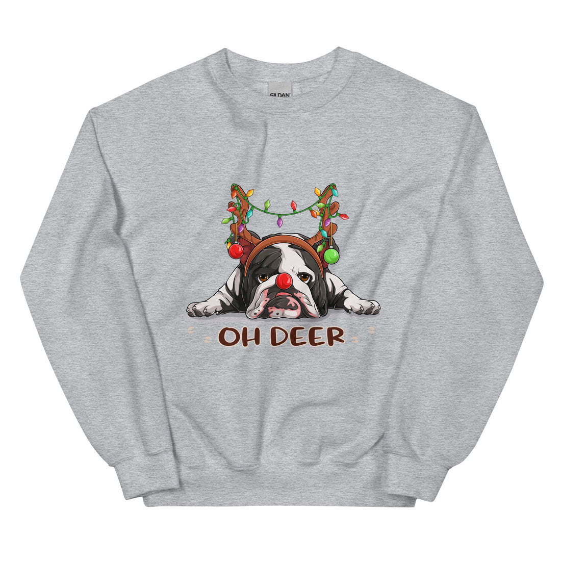 &quot;Oh Deer&quot; English Bulldog Christmas Sweatshirt | B&amp;W Colored