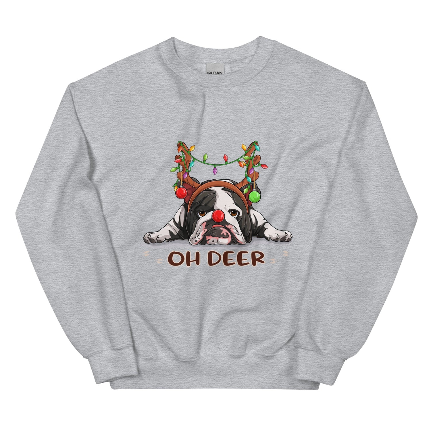 &quot;Oh Deer&quot; English Bulldog Christmas Sweatshirt | B&amp;W Colored