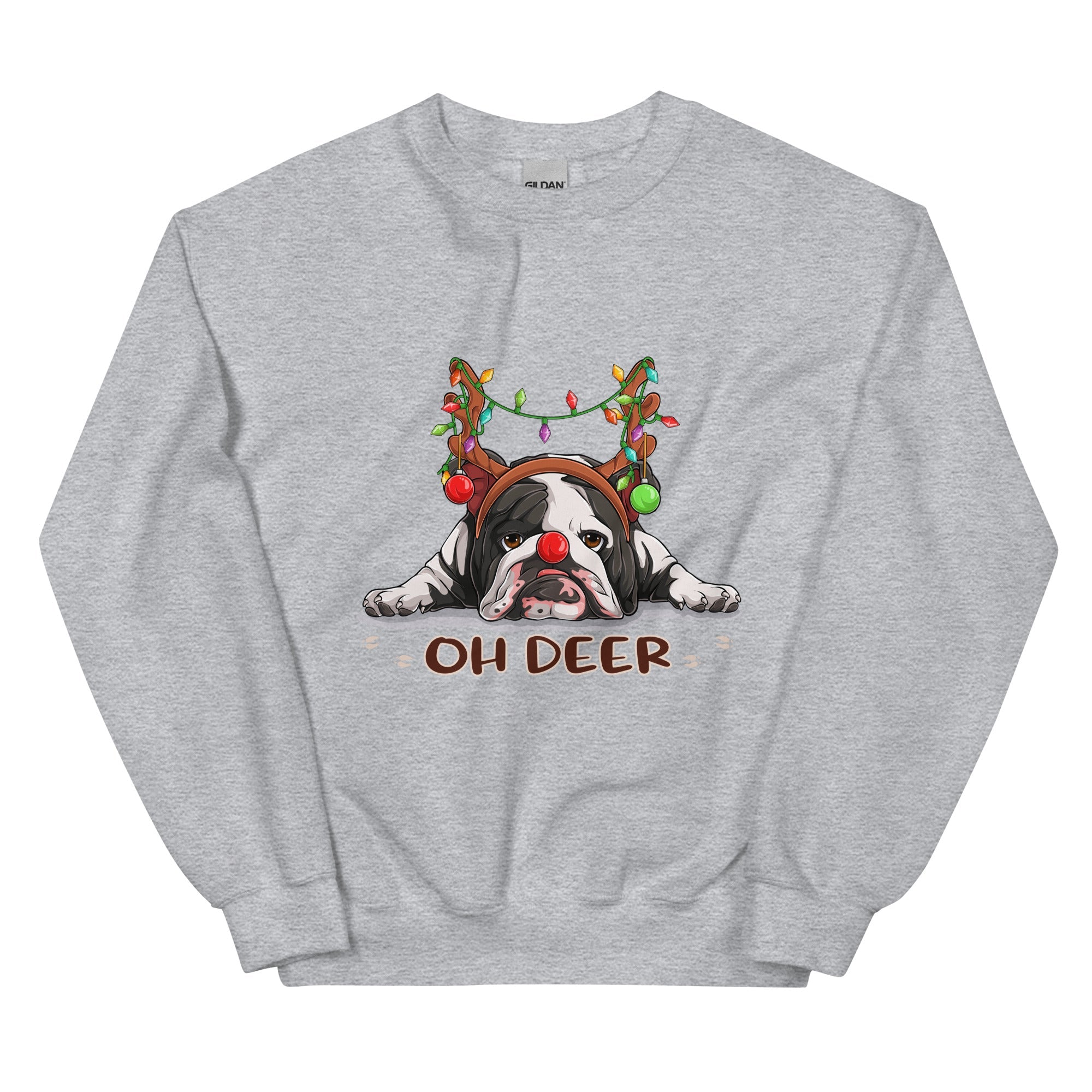 &quot;Oh Deer&quot; English Bulldog Christmas Sweatshirt | B&amp;W Colored