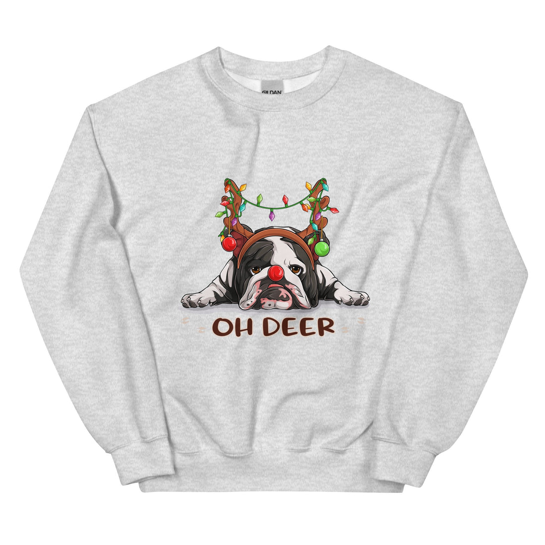 &quot;Oh Deer&quot; English Bulldog Christmas Sweatshirt | B&amp;W Colored