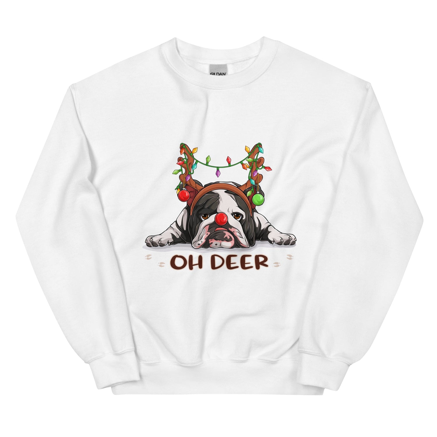 &quot;Oh Deer&quot; English Bulldog Christmas Sweatshirt | B&amp;W Colored