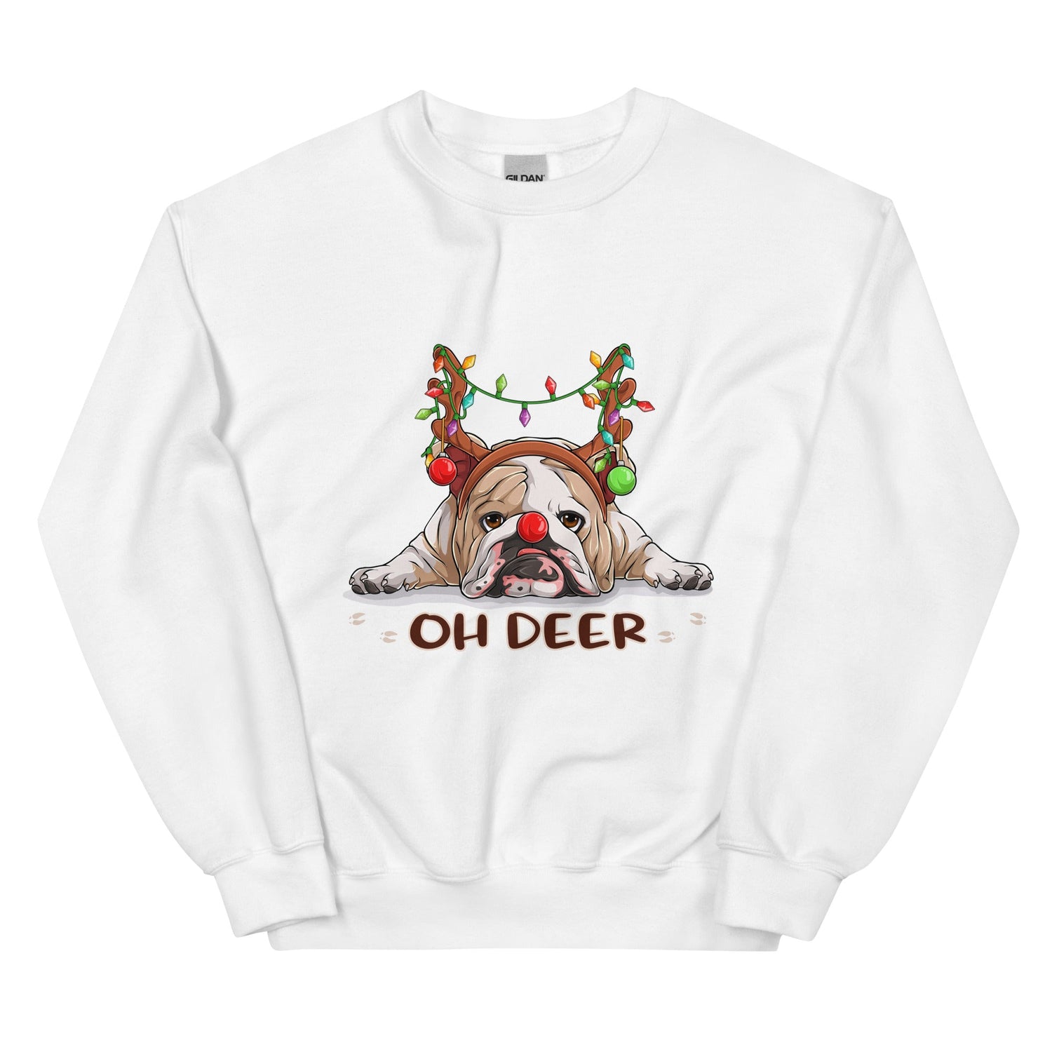 &quot;Oh Deer&quot; English Bulldog Christmas Sweatshirt | Fawn &amp; White Colored