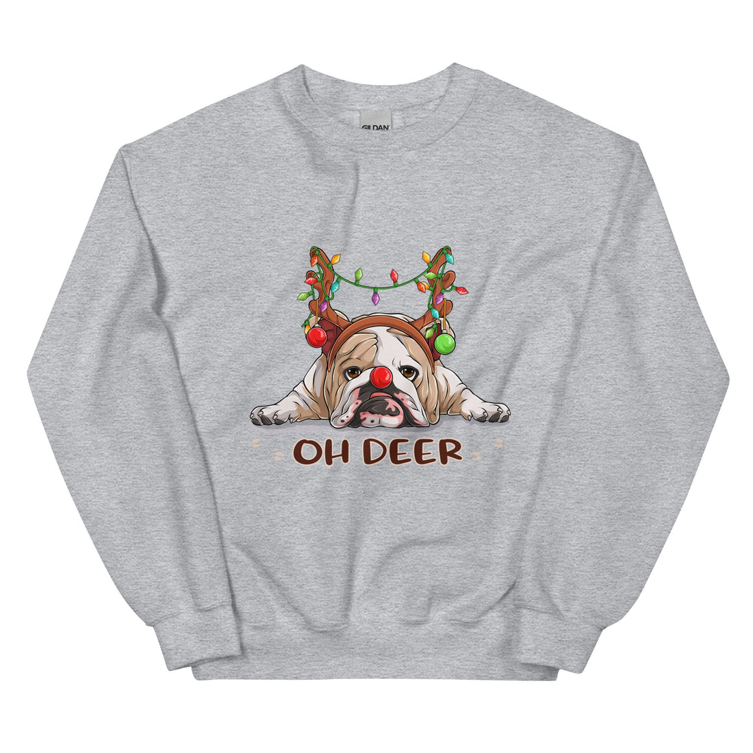 &quot;Oh Deer&quot; English Bulldog Christmas Sweatshirt | Fawn &amp; White Colored