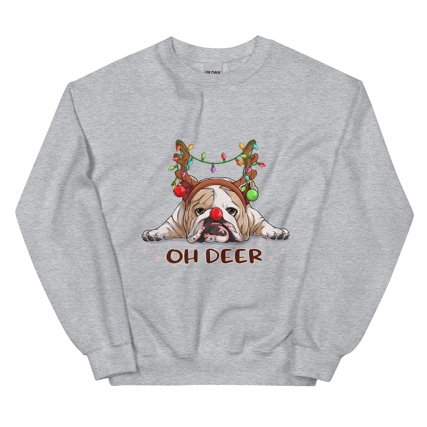 &quot;Oh Deer&quot; English Bulldog Christmas Sweatshirt | Fawn &amp; White Colored