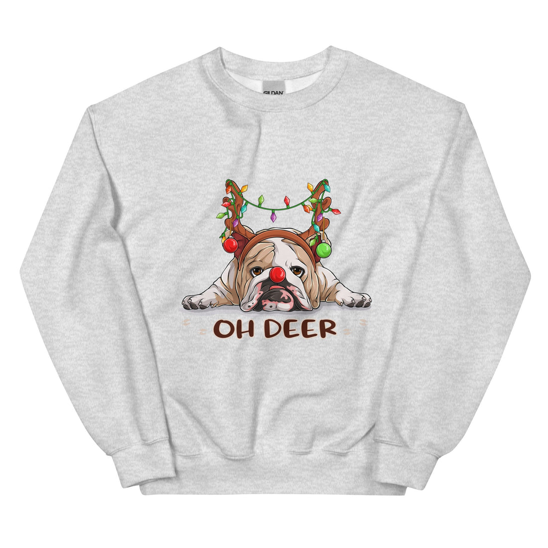 &quot;Oh Deer&quot; English Bulldog Christmas Sweatshirt | Fawn &amp; White Colored