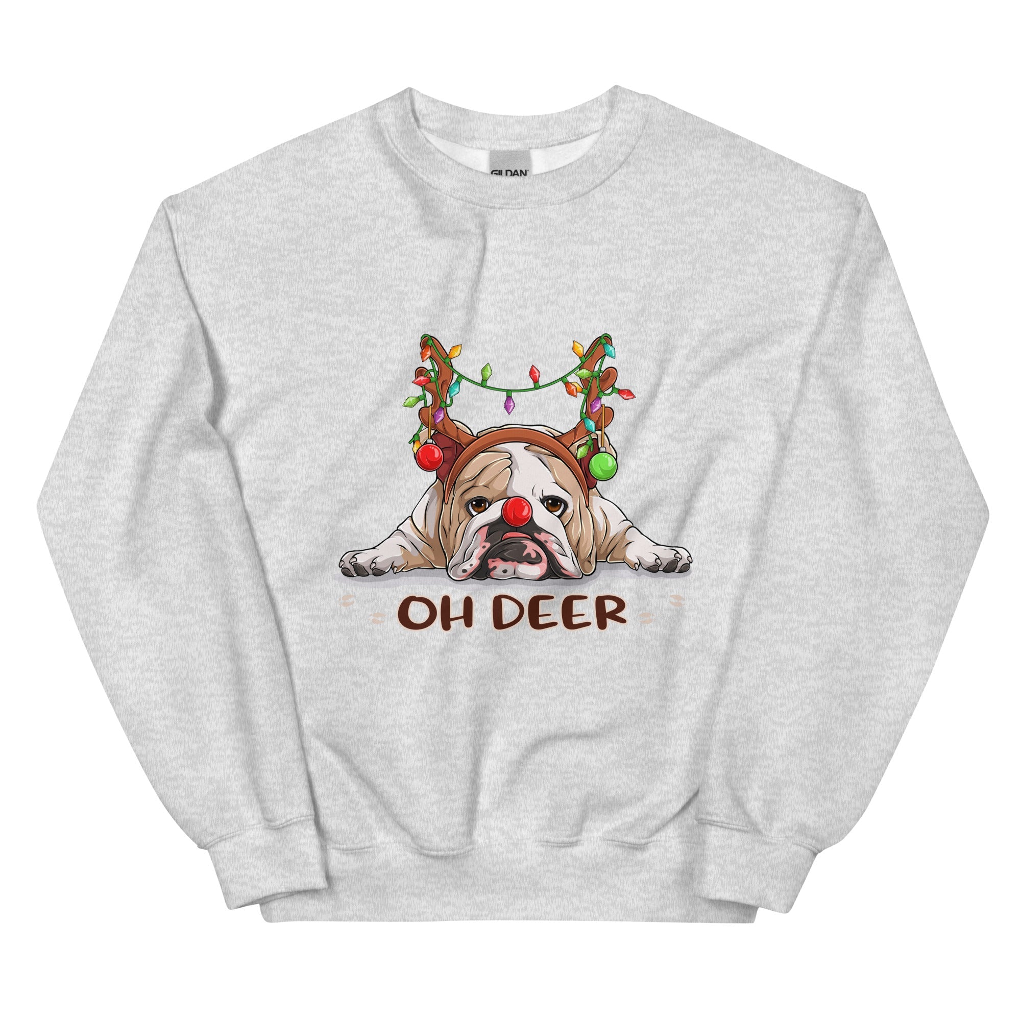 &quot;Oh Deer&quot; English Bulldog Christmas Sweatshirt | Fawn &amp; White Colored