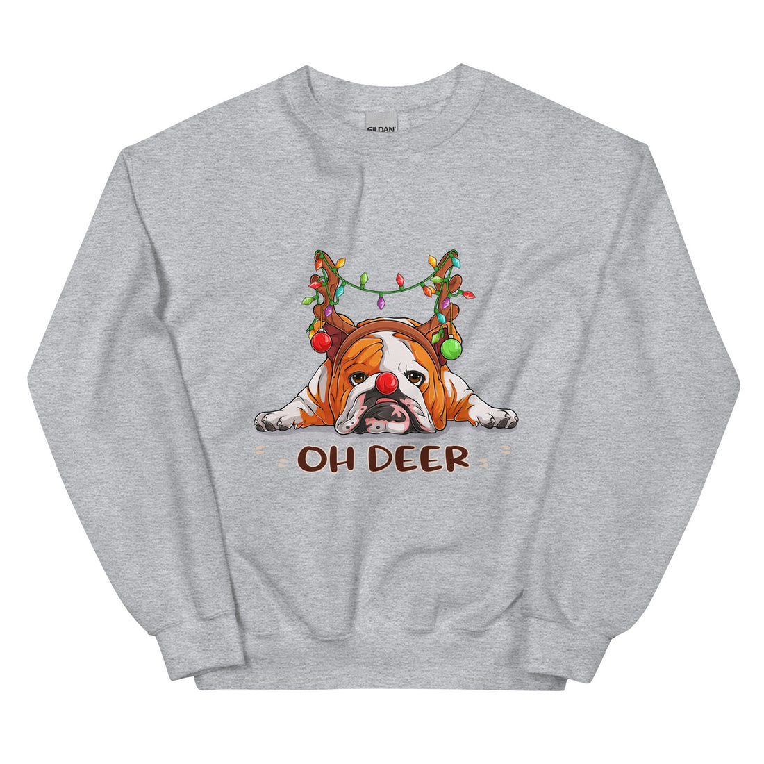 &quot;Oh Deer&quot; English Bulldog Christmas Sweatshirt | Red &amp; White Colored