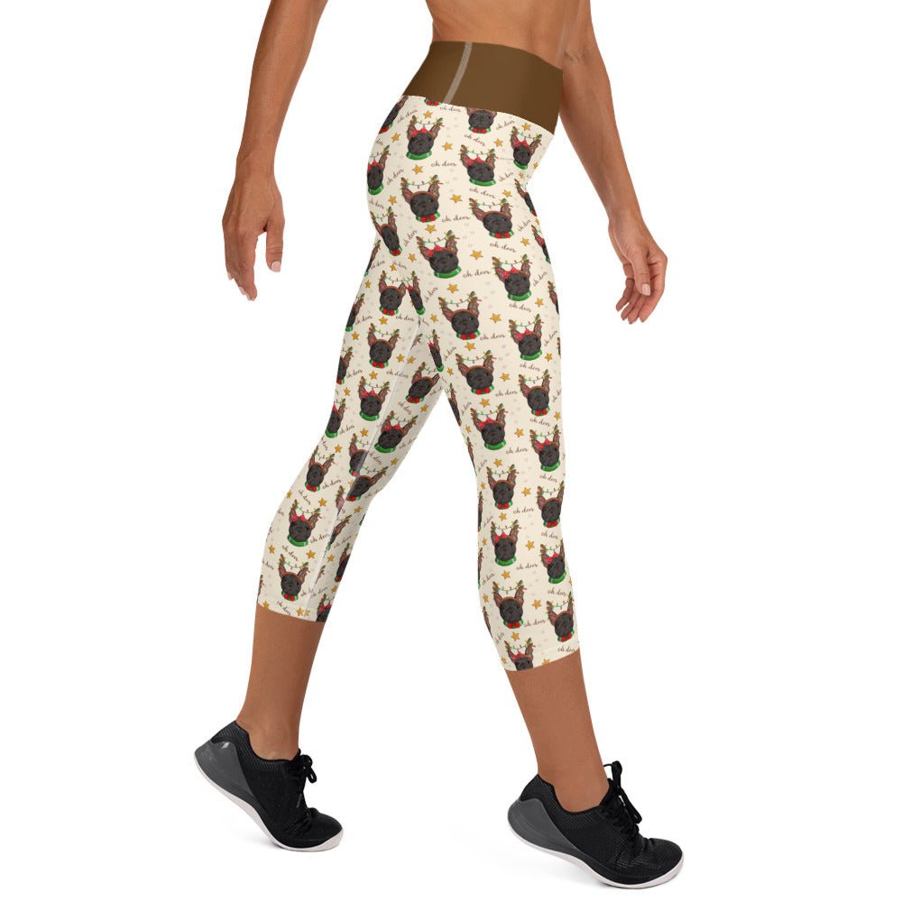 &quot;Oh Deer&quot; Frenchie Reindeer Capri Leggings | B&amp;W Colored