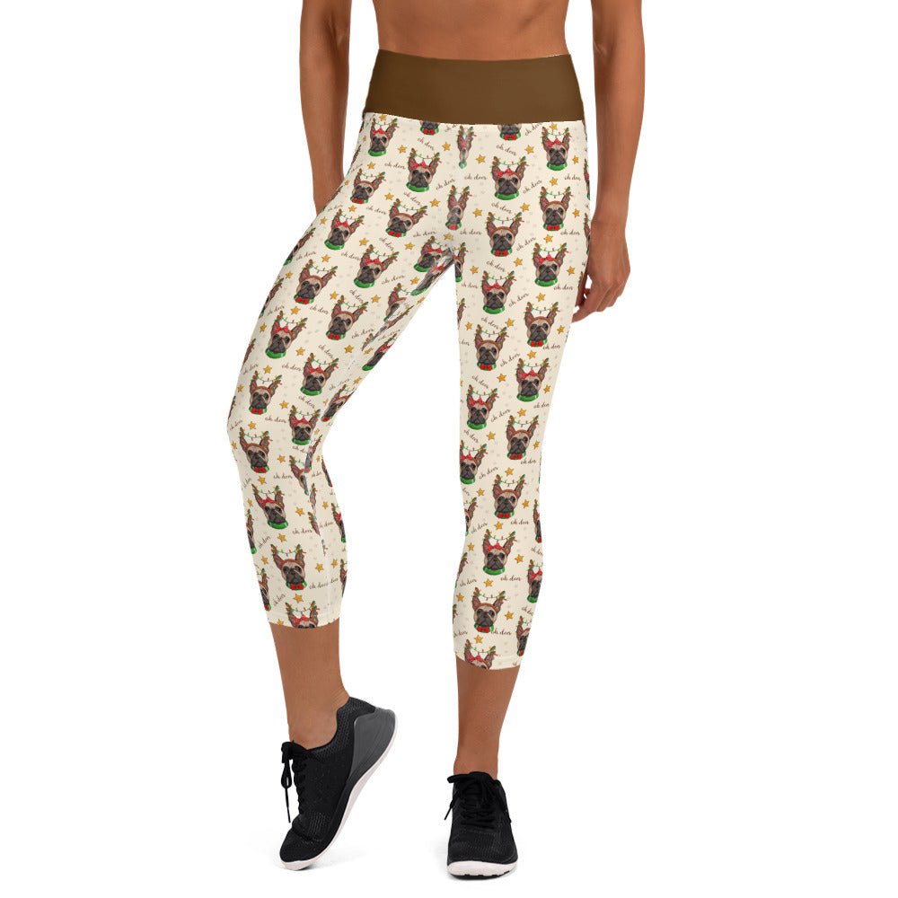 &quot;Oh Deer&quot; Frenchie Reindeer Capri Leggings | Fawn &amp; White Colored