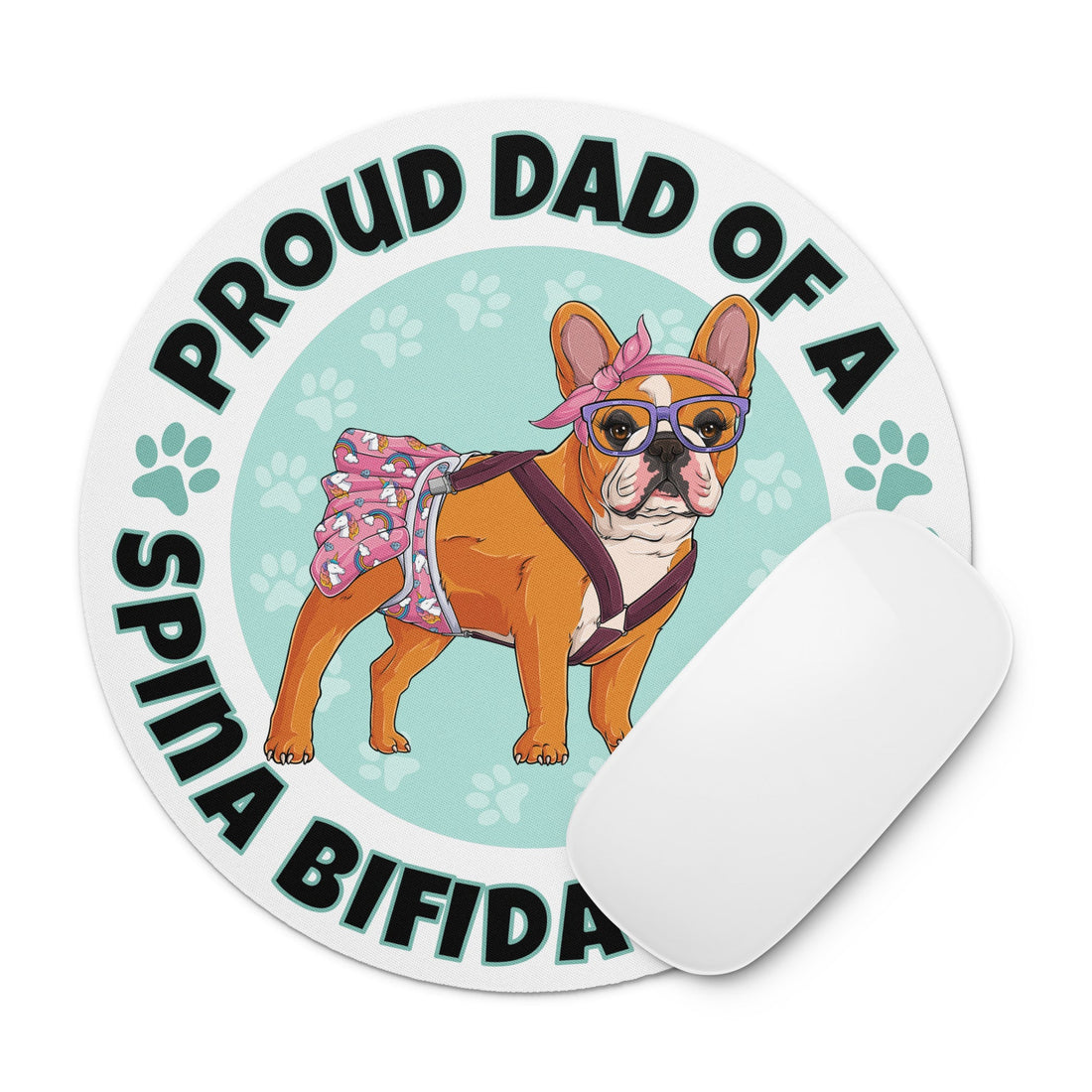 "Proud Dad of a Spina Bifida Bulldog" Female Frenchie Mouse Pad | Red &amp; White Colored