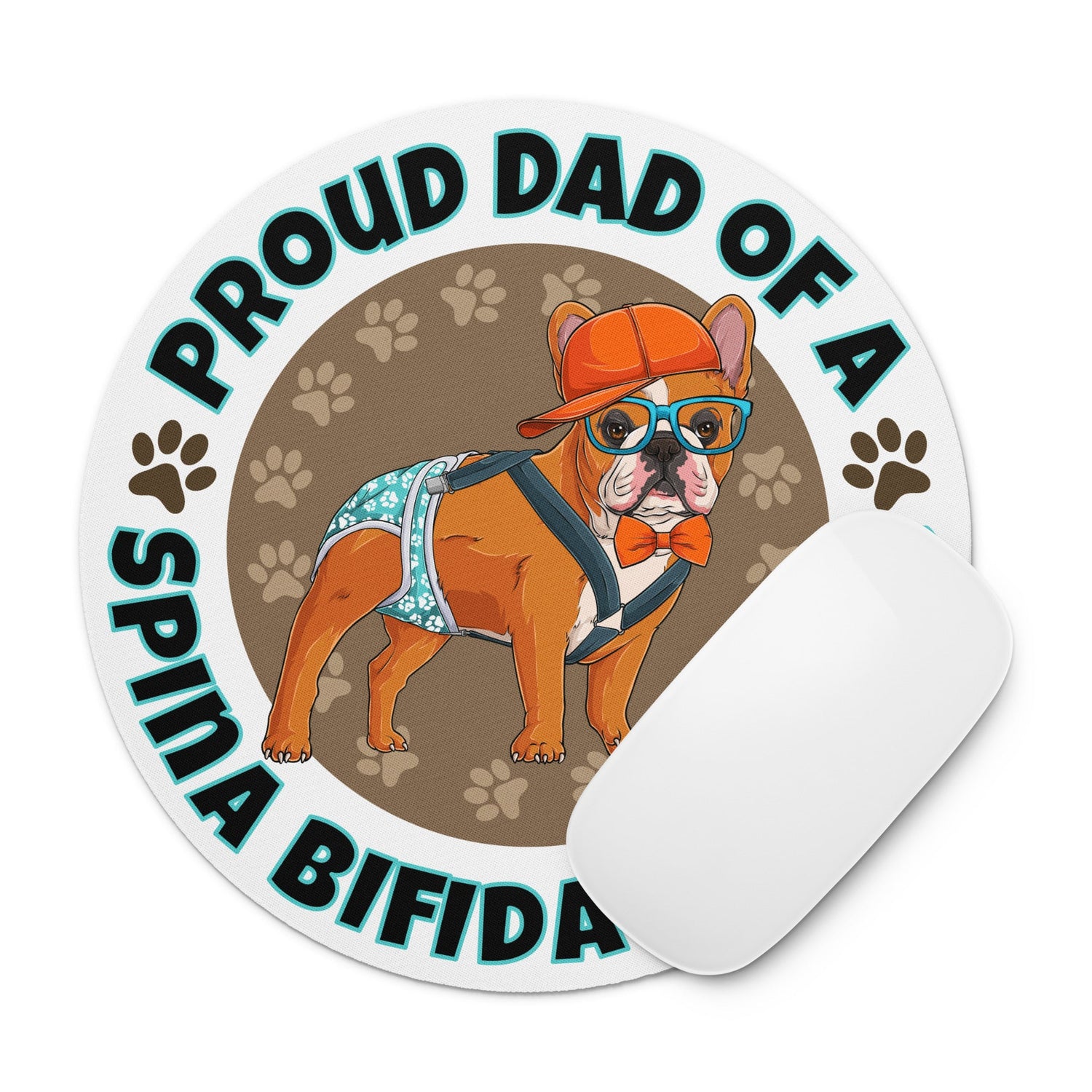 "Proud Dad of a Spina Bifida Bulldog" Male Frenchie Mouse Pad | Red &amp; White Colored