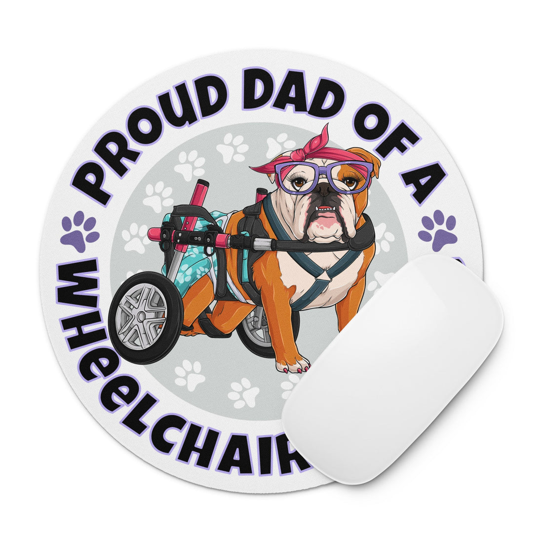 "Proud Dad of a Wheelchair Bulldog" Female Bulldog Mouse Pad | Red &amp; White Colored