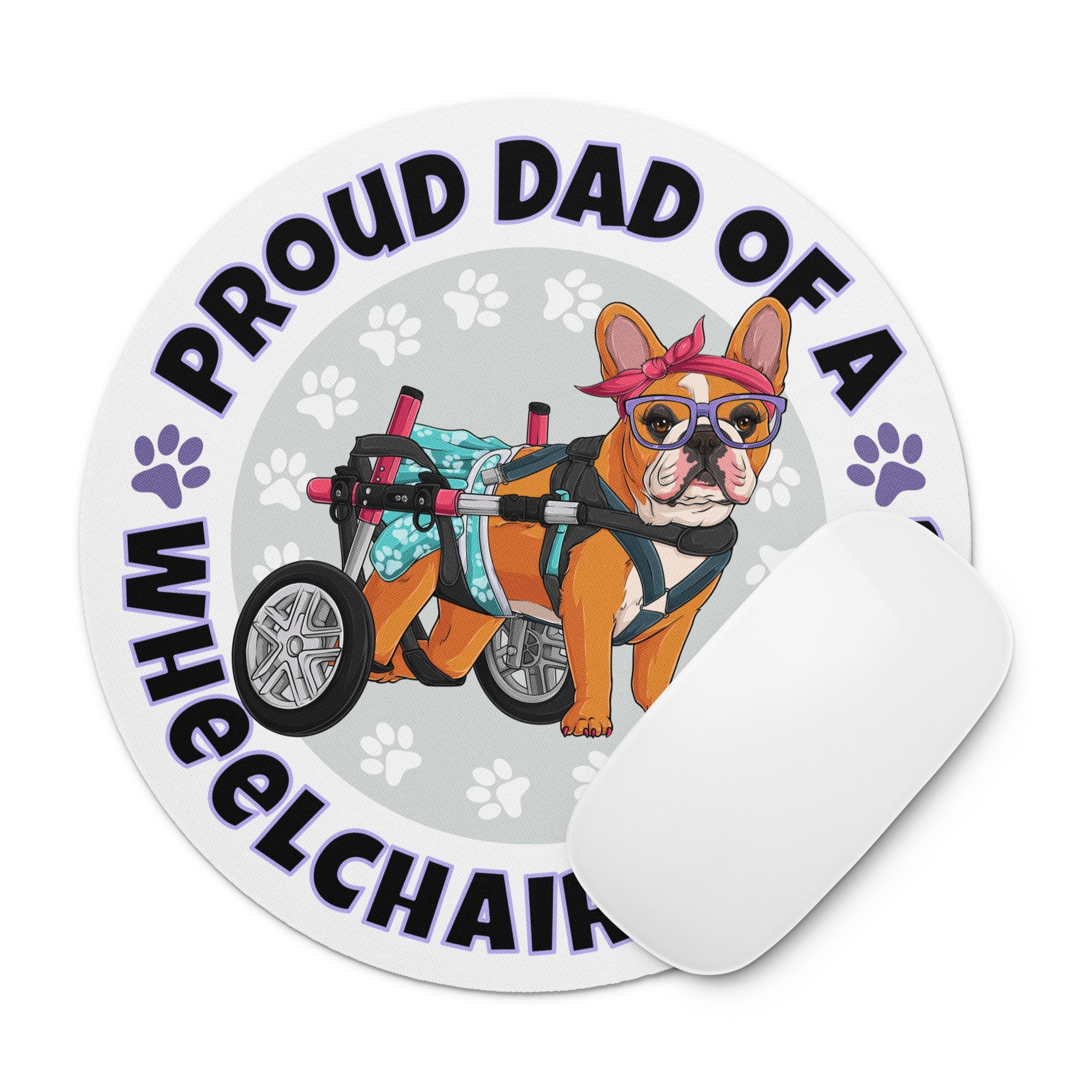 "Proud Dad of a Wheelchair Bulldog" Female Frenchie Mouse Pad | Red &amp; White Colored
