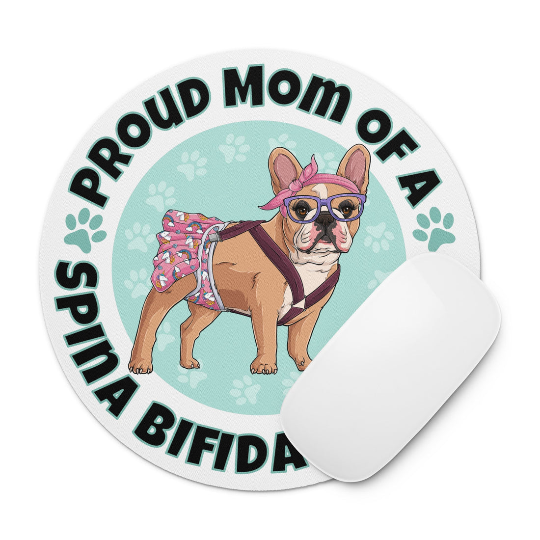 "Proud Mom of a Spina Bifida Bulldog" Female Frenchie Mouse Pad | Fawn &amp; White Colored