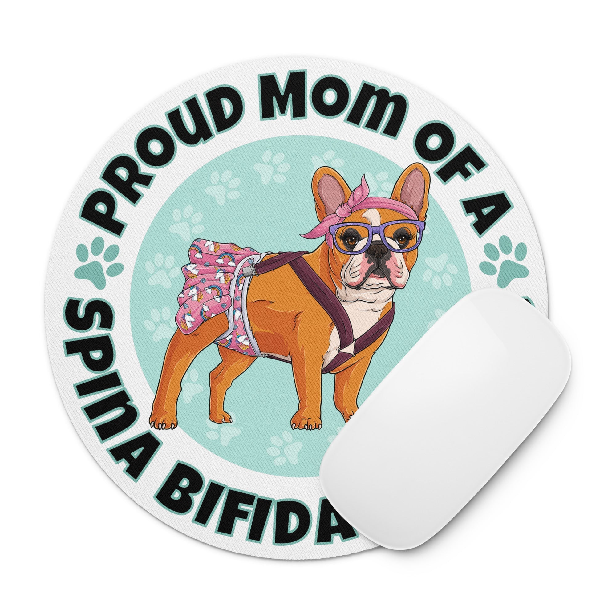 "Proud Mom of a Spina Bifida Bulldog" Female Frenchie Mouse Pad | Red &amp; White Colored