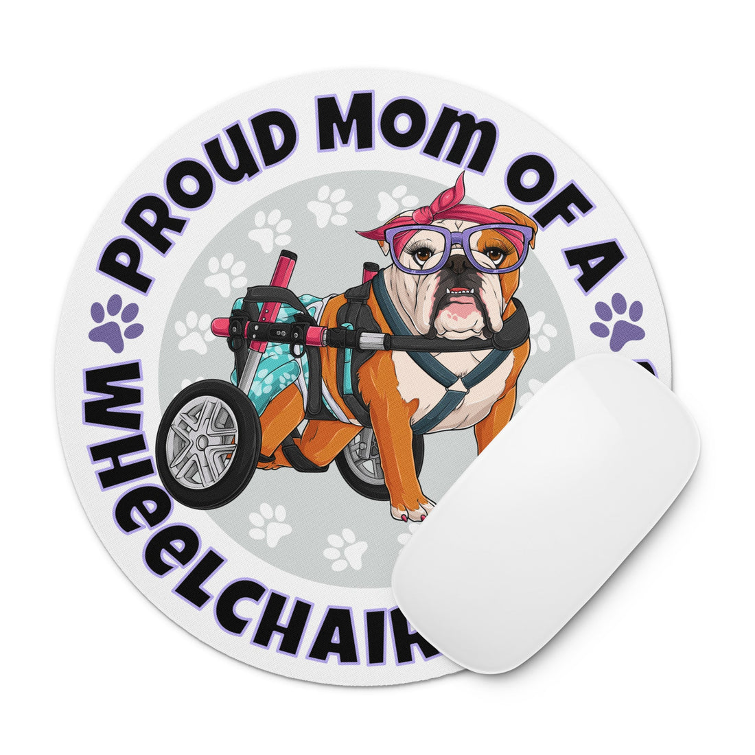 "Proud Mom of a Wheelchair Bulldog" Female Bulldog Mouse Pad | Red &amp; White Colored
