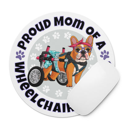 "Proud Mom of a Wheelchair Bulldog" Female Frenchie Mouse Pad | Red &amp; White Colored