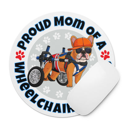 "Proud Mom of a Wheelchair Bulldog" Male Frenchie Mouse Pad | Red &amp; White Colored