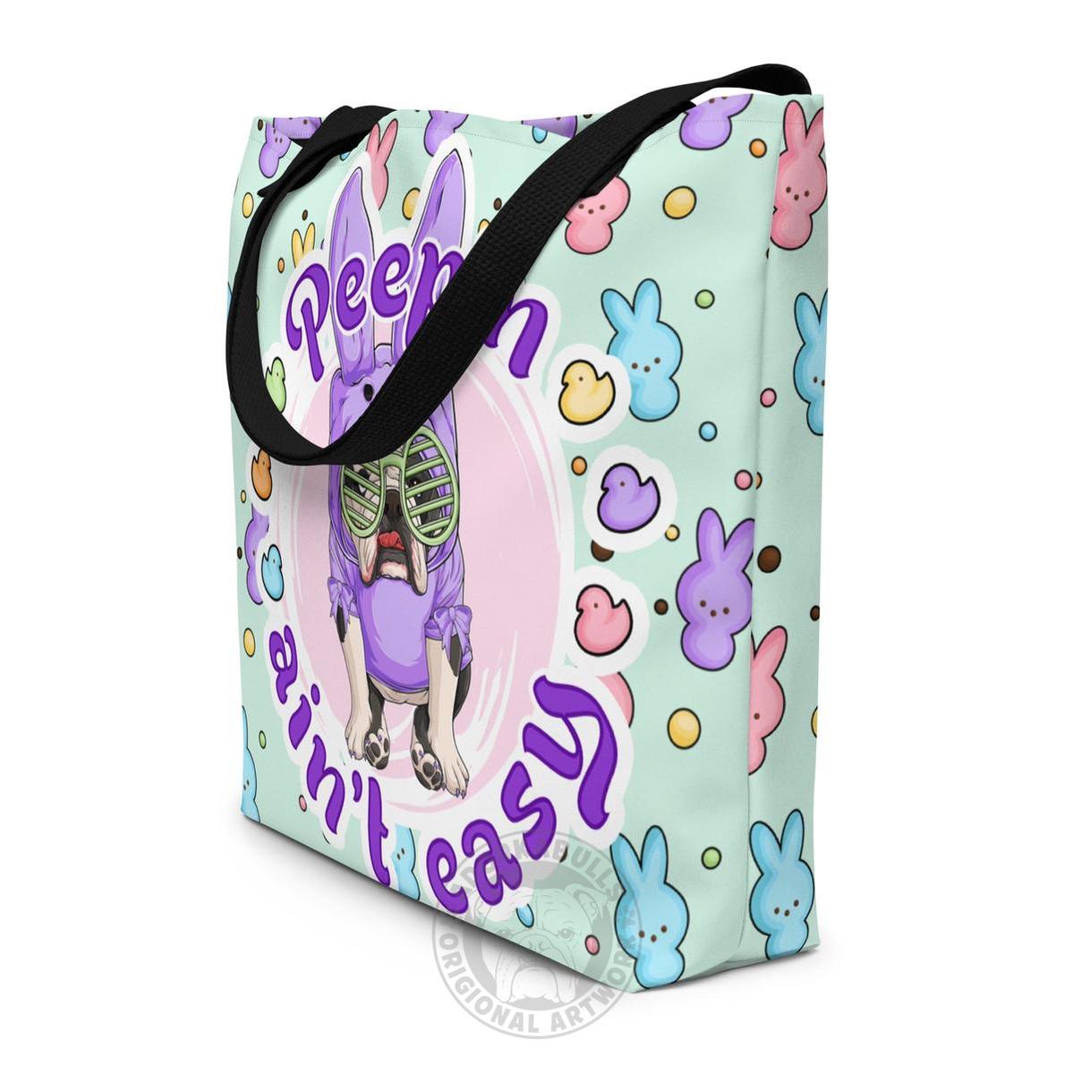 Purple "Peep’n Ain’t Easy" Female Bulldog Tote Bag with Pocket | B&amp;W Colored