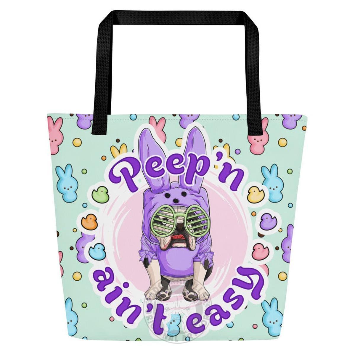 Purple "Peep’n Ain’t Easy" Female Bulldog Tote Bag with Pocket | B&amp;W Colored
