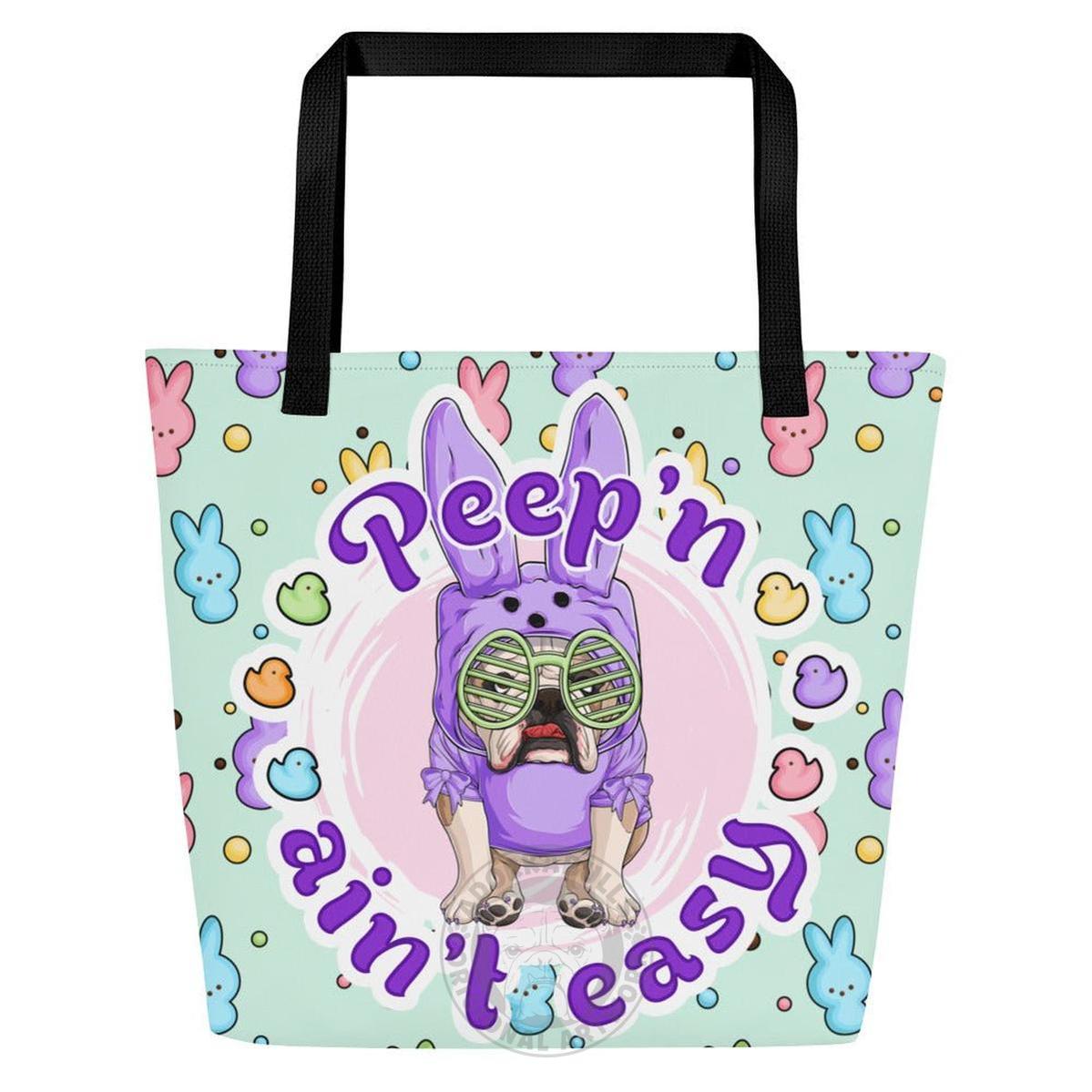 Purple "Peep’n Ain’t Easy" Female Bulldog Tote Bag with Pocket | Fawn &amp; White Colored