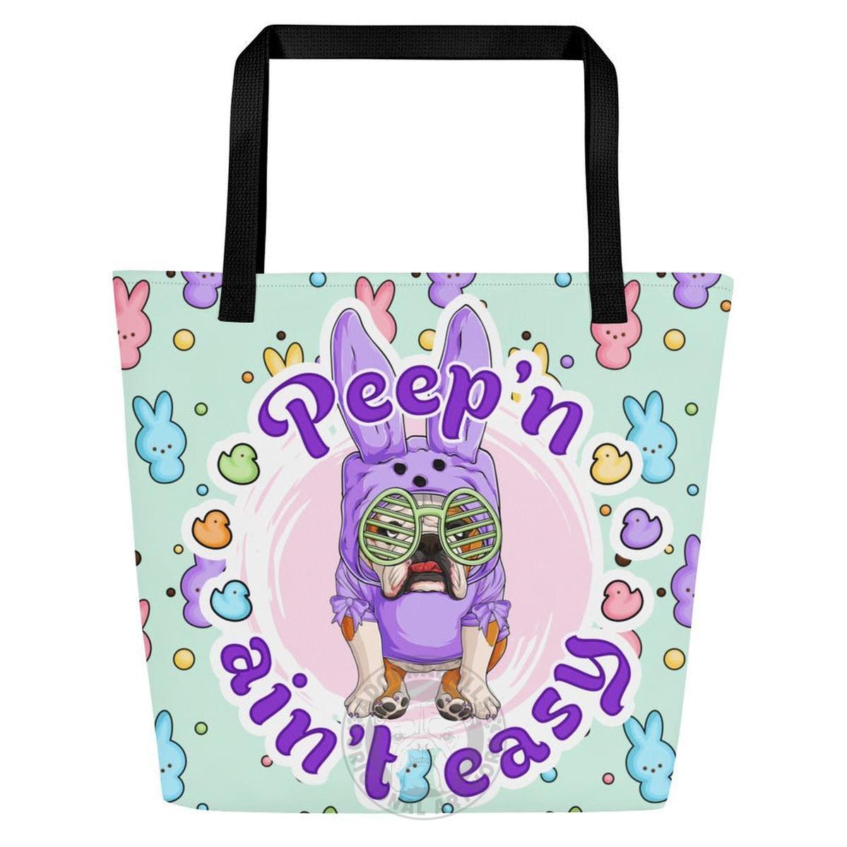 Purple "Peep’n Ain’t Easy" Female Bulldog Tote Bag with Pocket | Red &amp; White Colored
