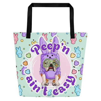 Purple "Peep’n Ain’t Easy" Female Bulldog Tote Bag with Pocket | Red &amp; White Colored