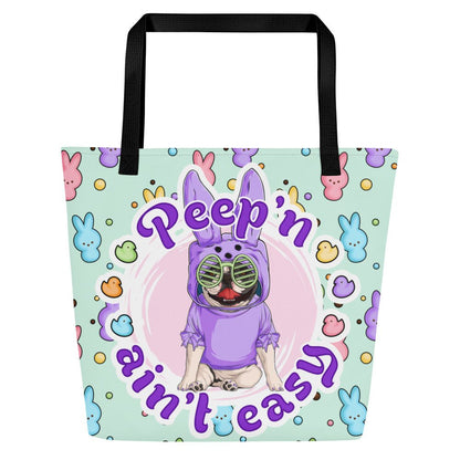 Purple "Peep’n Ain’t Easy" Female Frenchie Tote Bag with Pocket | B&amp;W Colored