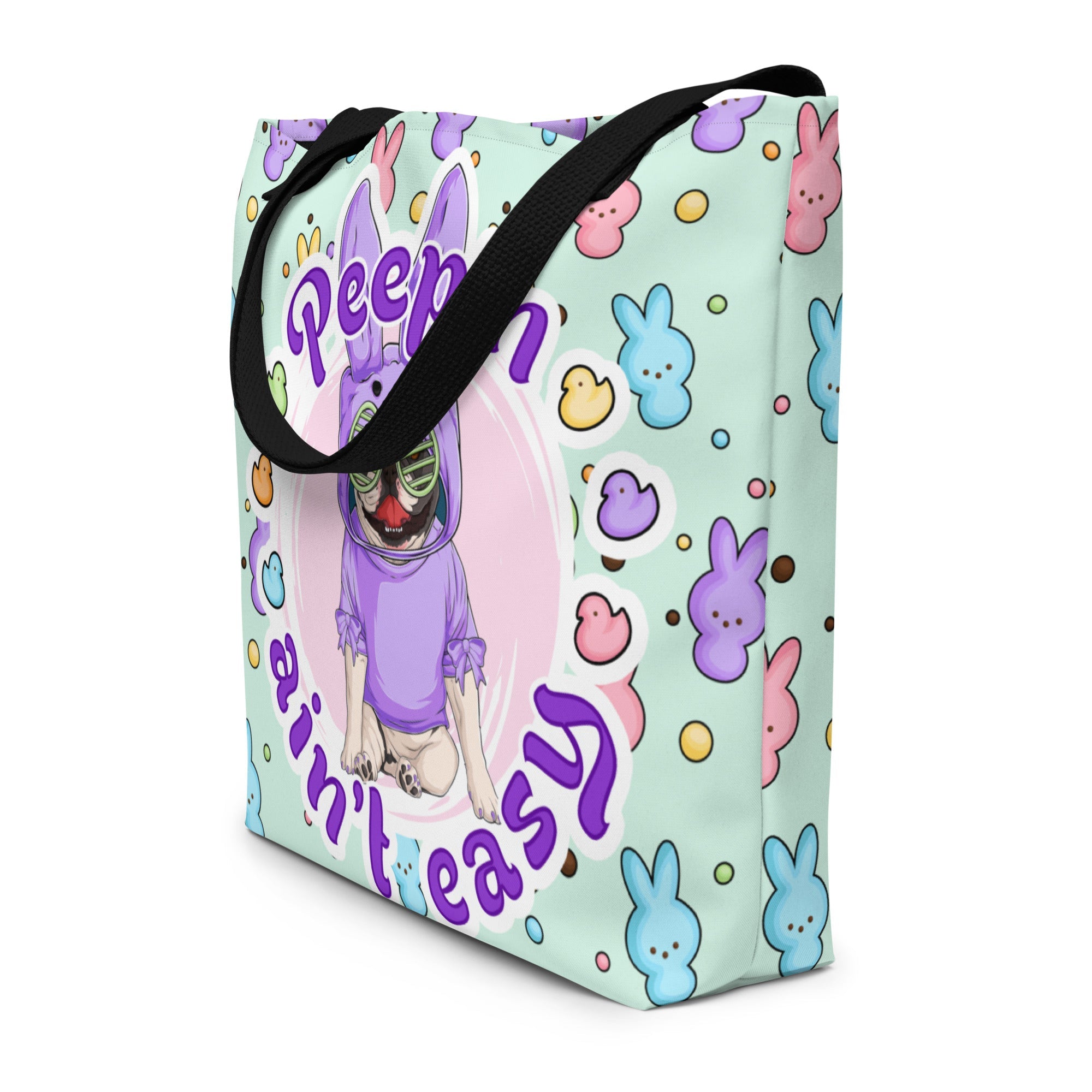 Purple "Peep’n Ain’t Easy" Female Frenchie Tote Bag with Pocket | B&amp;W Colored