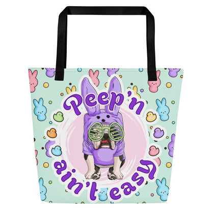 Purple "Peep’n Ain’t Easy" Male Bulldog Tote Bag with Pocket | B&amp;W Colored
