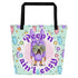 Purple "Peep’n Ain’t Easy" Male Bulldog Tote Bag with Pocket | Red & White Colored