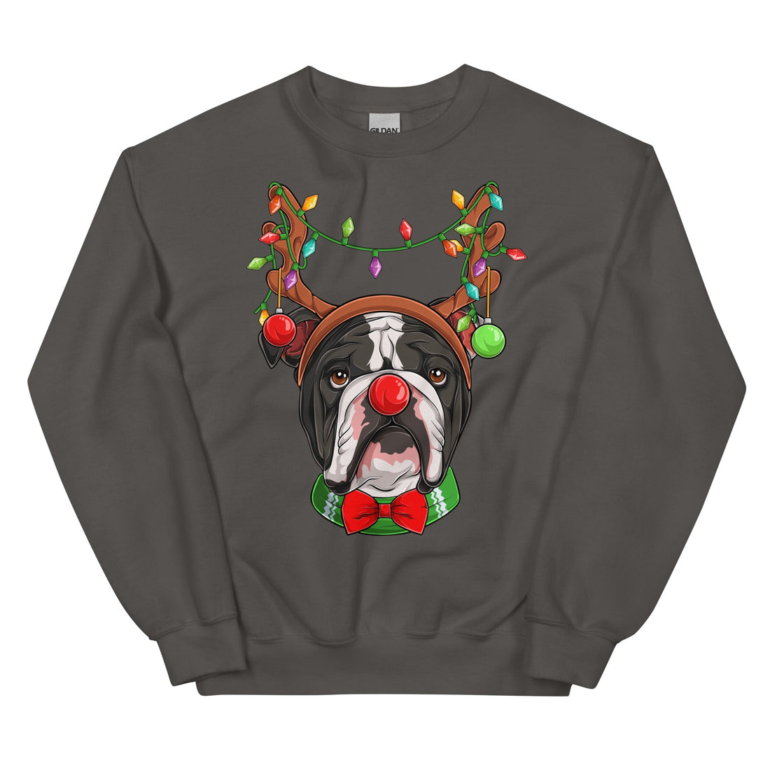 Red - Nosed Bulldog Christmas Crewneck | B&amp;W Colored