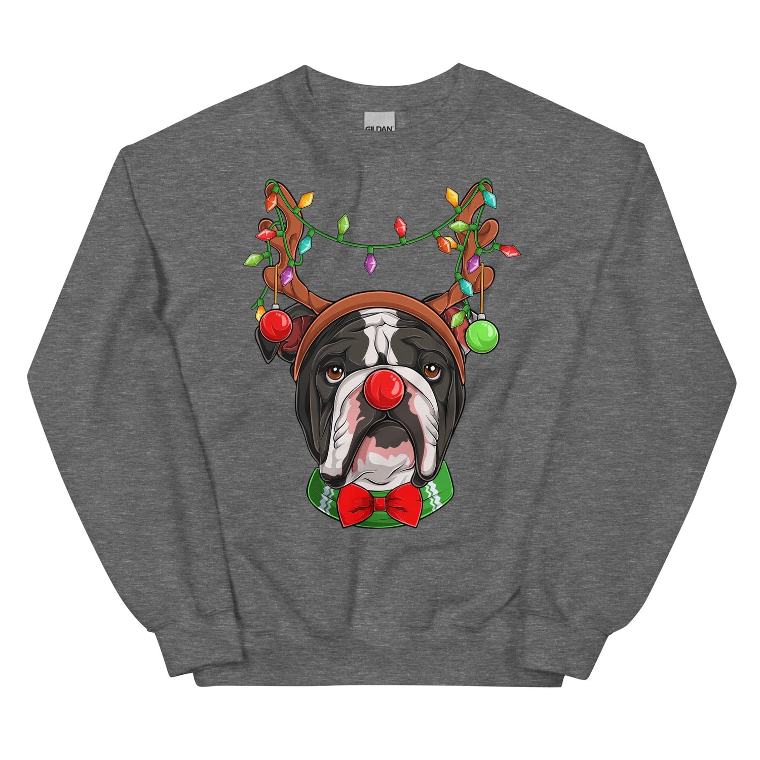 Red - Nosed Bulldog Christmas Crewneck | B&amp;W Colored
