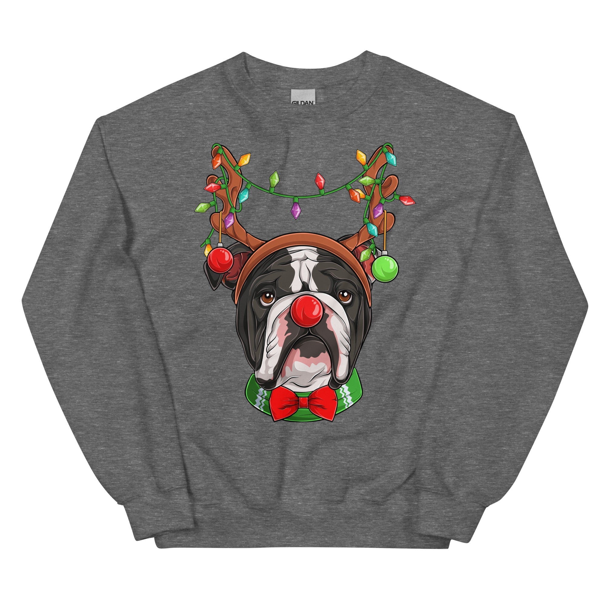 Red - Nosed Bulldog Christmas Crewneck | B&amp;W Colored