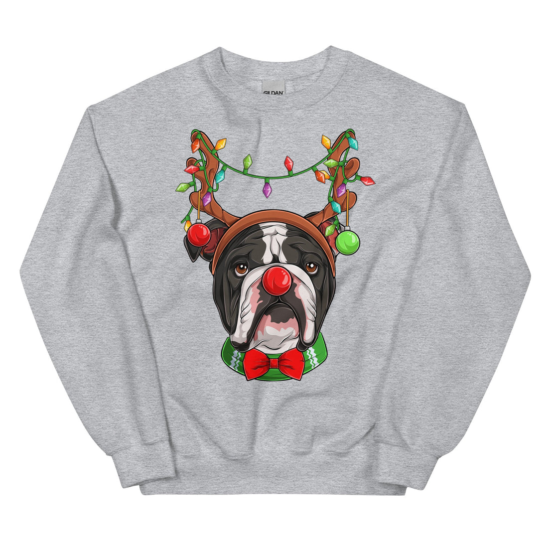 Red - Nosed Bulldog Christmas Crewneck | B&amp;W Colored