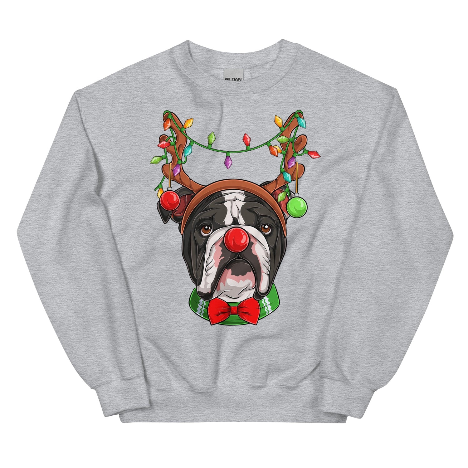 Red - Nosed Bulldog Christmas Crewneck | B&amp;W Colored