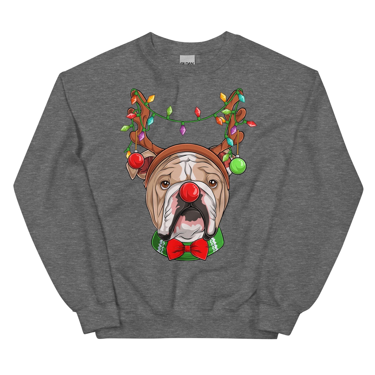 Red - Nosed Bulldog Christmas Crewneck | Fawn &amp; White Colored