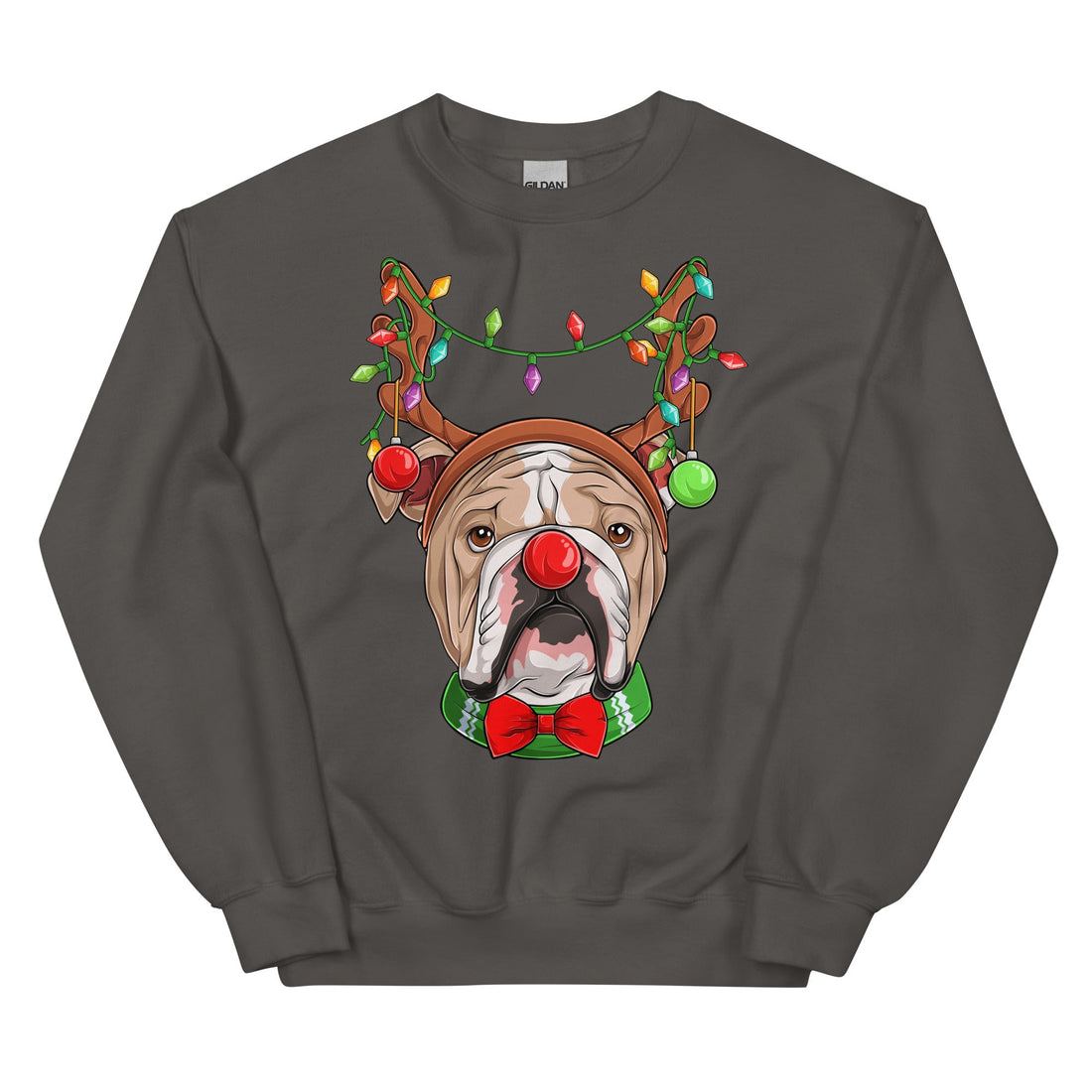 Red - Nosed Bulldog Christmas Crewneck | Fawn &amp; White Colored