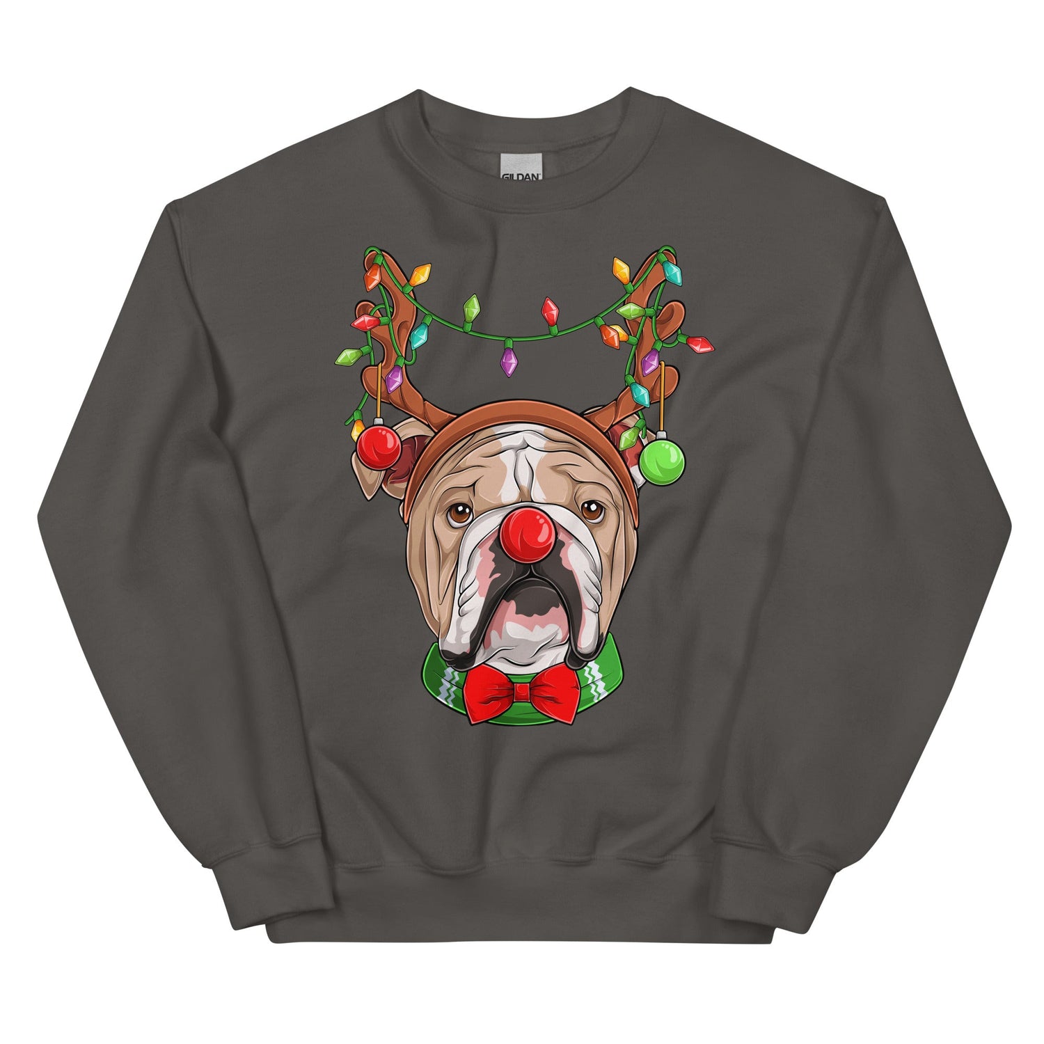 Red - Nosed Bulldog Christmas Crewneck | Fawn &amp; White Colored
