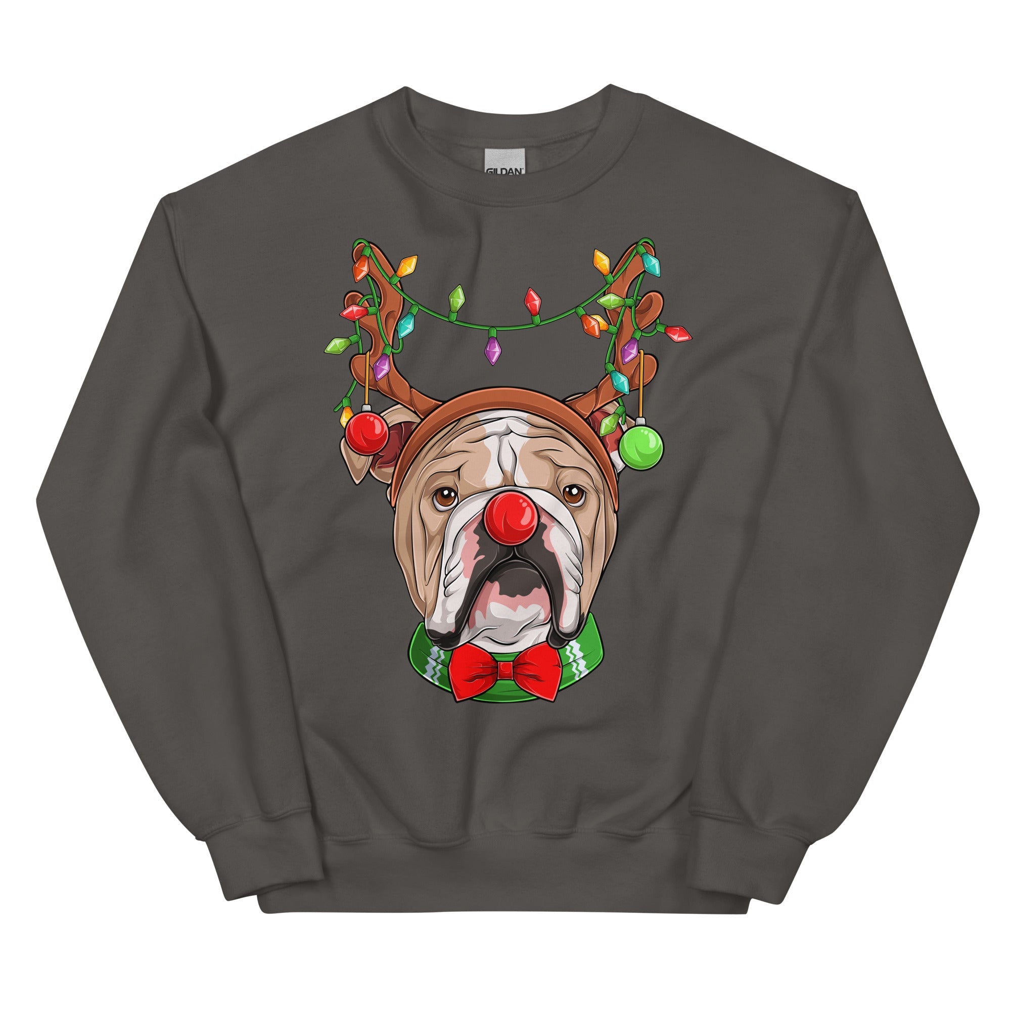 Red - Nosed Bulldog Christmas Crewneck | Fawn &amp; White Colored