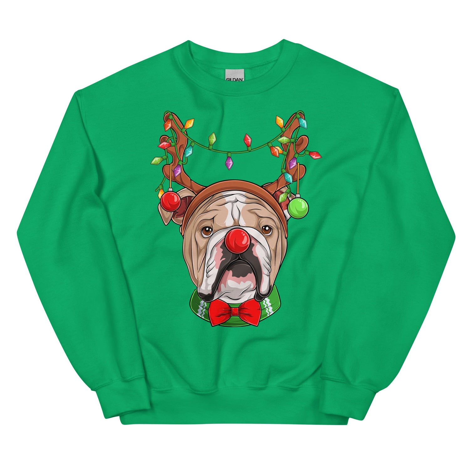 Red - Nosed Bulldog Christmas Crewneck | Fawn &amp; White Colored