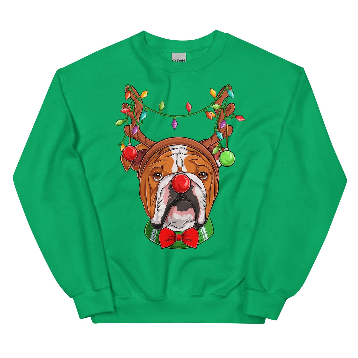Red - Nosed Bulldog Christmas Crewneck | Red &amp; White Colored
