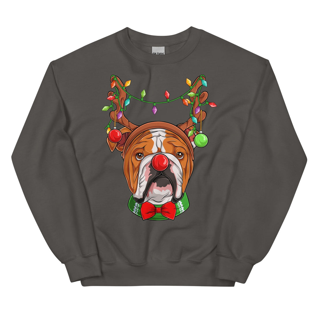 Red - Nosed Bulldog Christmas Crewneck | Red &amp; White Colored