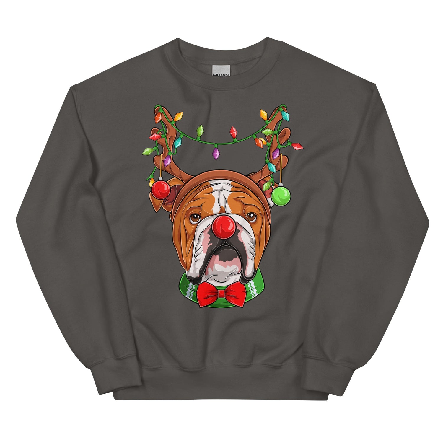 Red - Nosed Bulldog Christmas Crewneck | Red &amp; White Colored