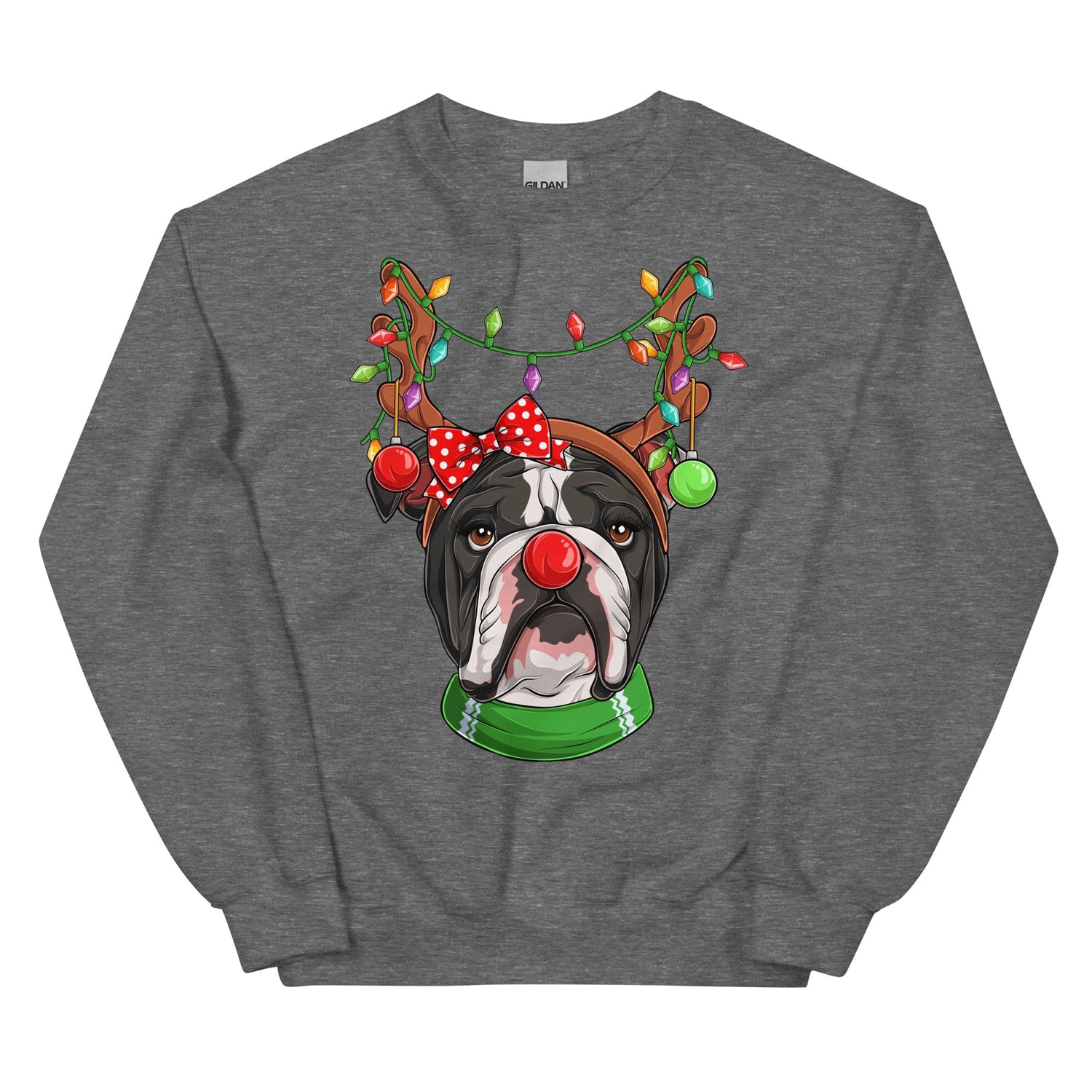 Red - Nosed Female Bulldog Christmas Crewneck | B&amp;W Colored